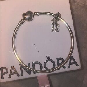 Pandora Moments Heart Clasp Bangle with 16th Celebration Charm